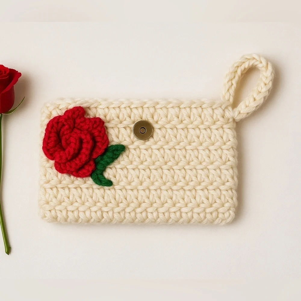Handcrafted Cream Crochet Pouch with Red Flower
